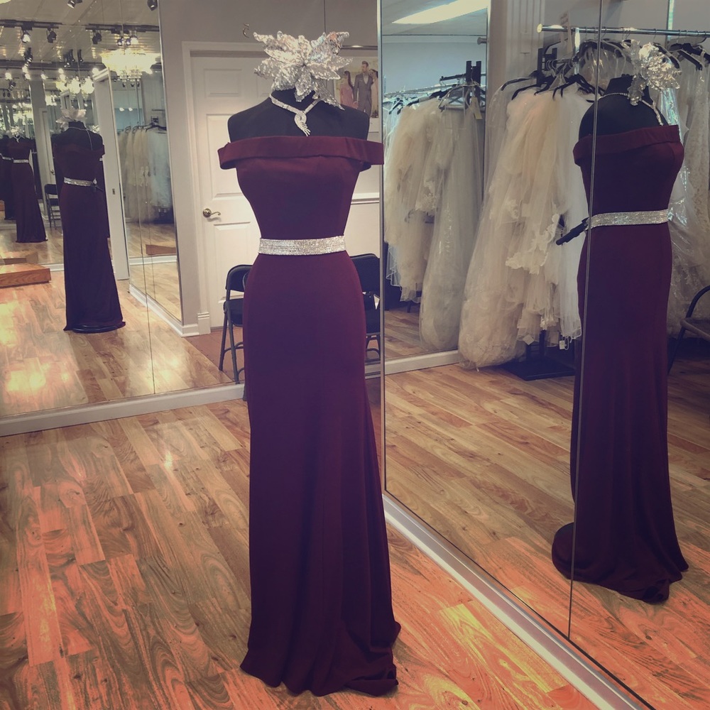 Long formal gown with beaded belt